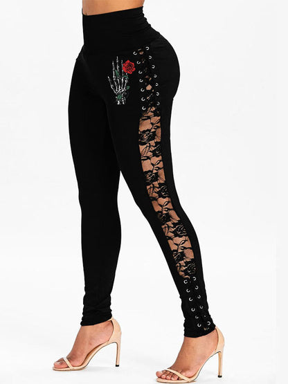 Skull Hand Rose Print High Waist Lace up Lace Hip Lifting Stretch Leggings