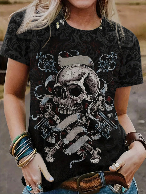 Kurzärmliges T-Shirt mit Gothic-Rosen-Totenkopf-Print 