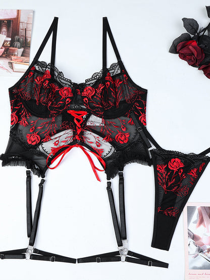 Sexy Flowers Embroidery Cross Strap Underwear Suit