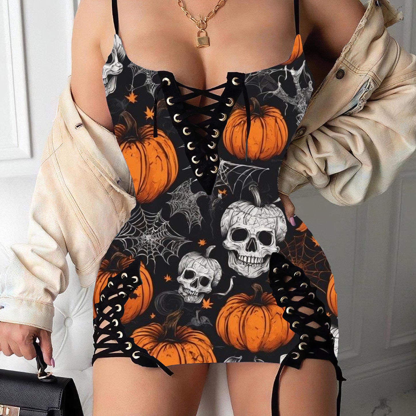 Halloween Pattern Print V-neck Eyelet Lace-up Suspension Dress