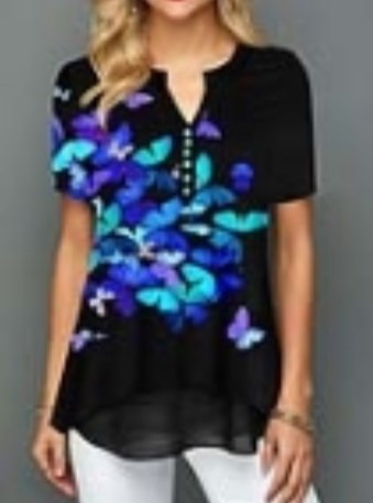 Butterfly print V-neck button decoration short-sleeved loose T-shirt