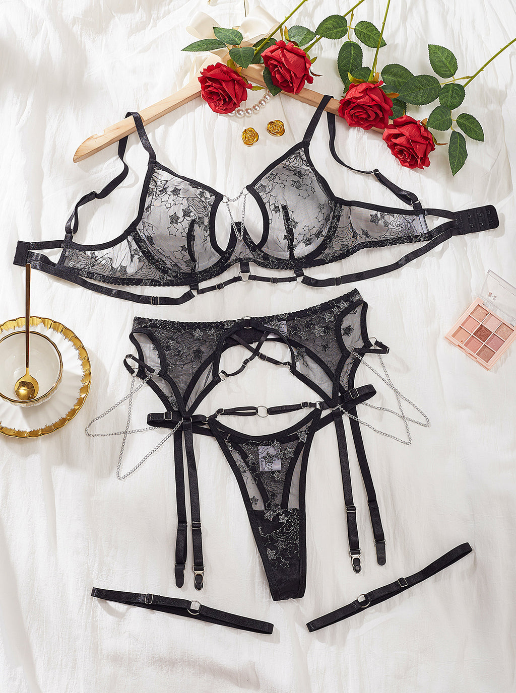 Starry Embroidery Hollow Chain Sexy Bra Four-Piece Set