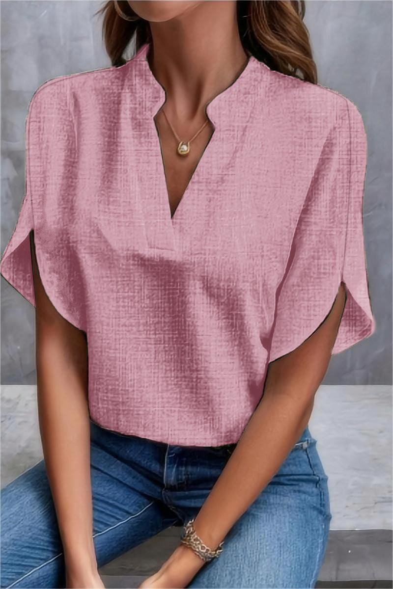 Casual Solid Color and V-neck Loose Linen Top