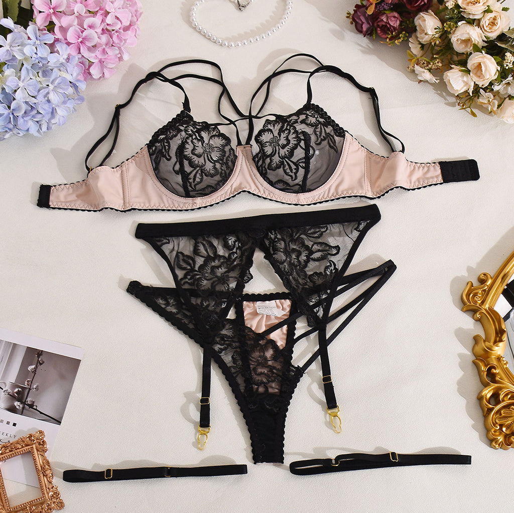 Sexy Rose Embroidered Bra and Panties 4pcs Set