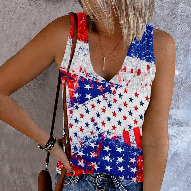 Independence Day Printed Casual V-neck Women's Sleeveless Vest