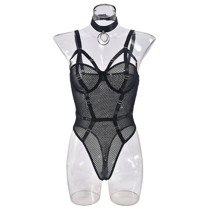 Sheer Mesh Metal Buckle Sexy Siamese Underwear Neck Ring Suit