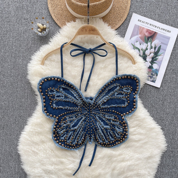 Butterfly Heavy Industry Beads Denim Sling Backless Lace up Halter Top