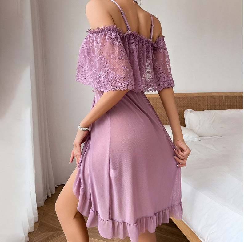 Plus Size Lace Bow Slim Nightdress2 Piece Set