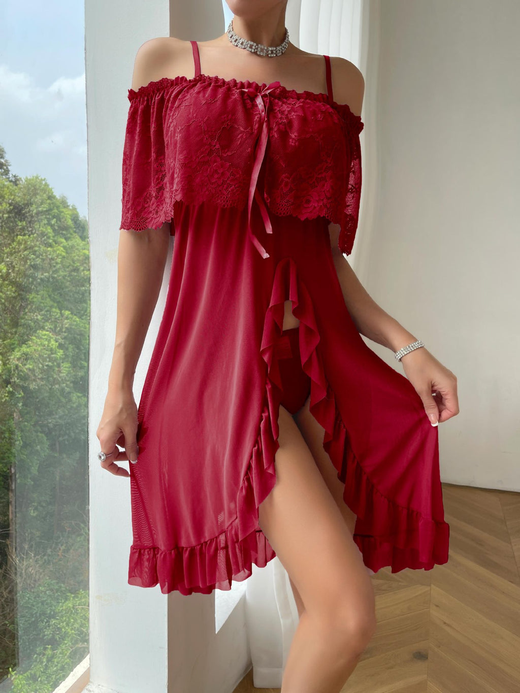 Plus Size Lace Bow Slim Nightdress2 Piece Set