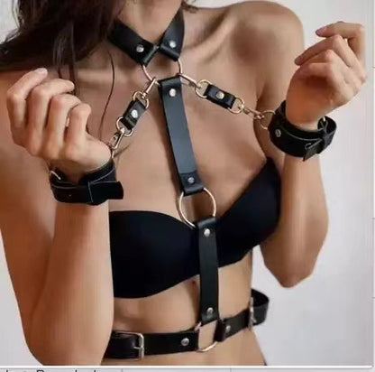 Punk Bondage Leather with Handcuffs Hollow Belt