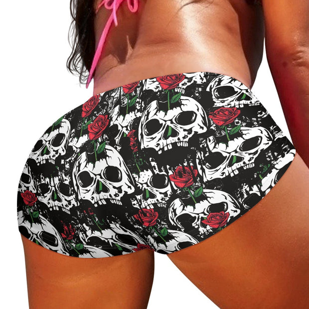 Sexy Dark Goth Skull Rose Print Tight Shorts