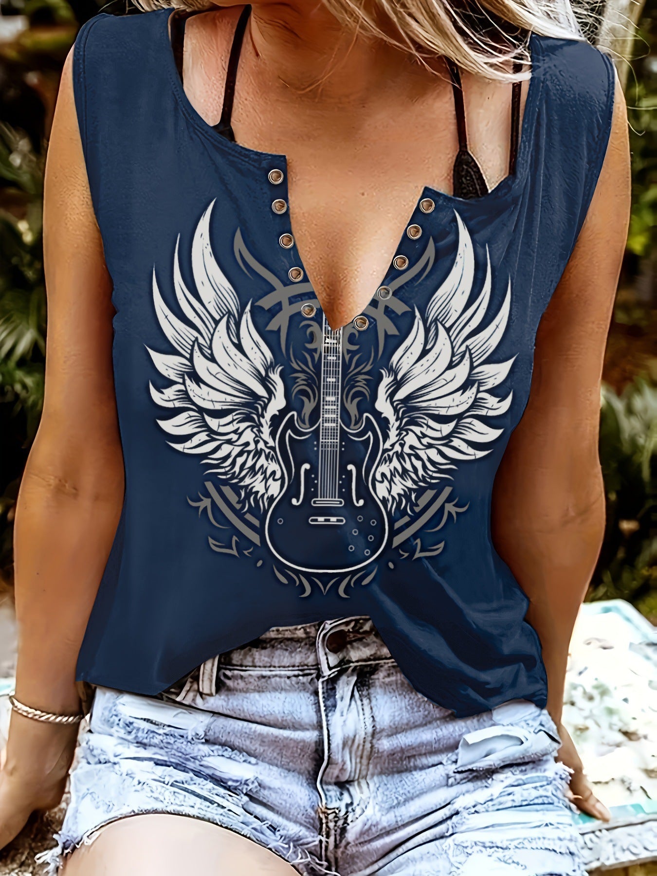 Punk Guitar Wings Printing V-neck Vest