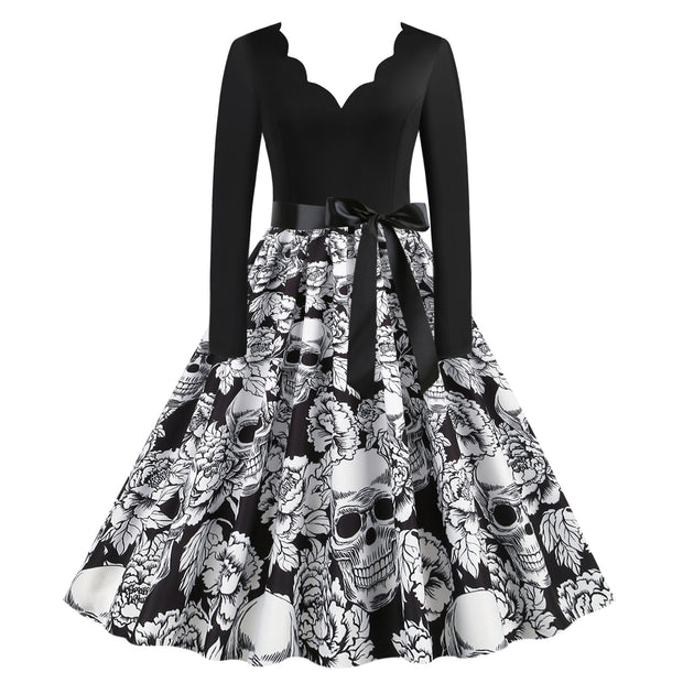 Gothic Skull Flower Print Wave V-Collar Contrast Color Stitching Large Swing Skirt