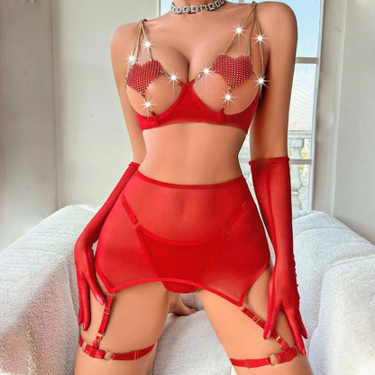 Sexy Love Metal Chain Stitching See-through Underwear Suit