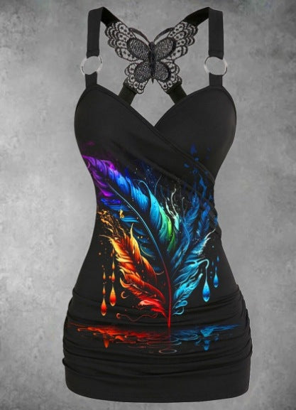 Multicolored Feathers Printed Back Butterfly Camisole