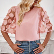 Casual round Neck Cutout Lace Stitching Short Sleeve Top