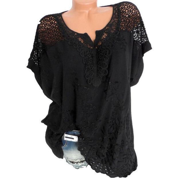 Sexy Cutout Lace V-neck Embroidery Short Sleeve Batwing Shirt