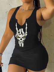 Punk Rock Skull Hand Printed V-neck Dress