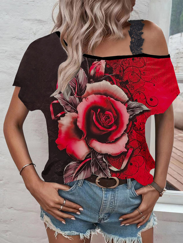 T-Shirt im Gothic-Stil mit rot-schwarzer Rosenspitze und Schulterriemen sowie Fledermausärmeln und kurzen Ärmeln