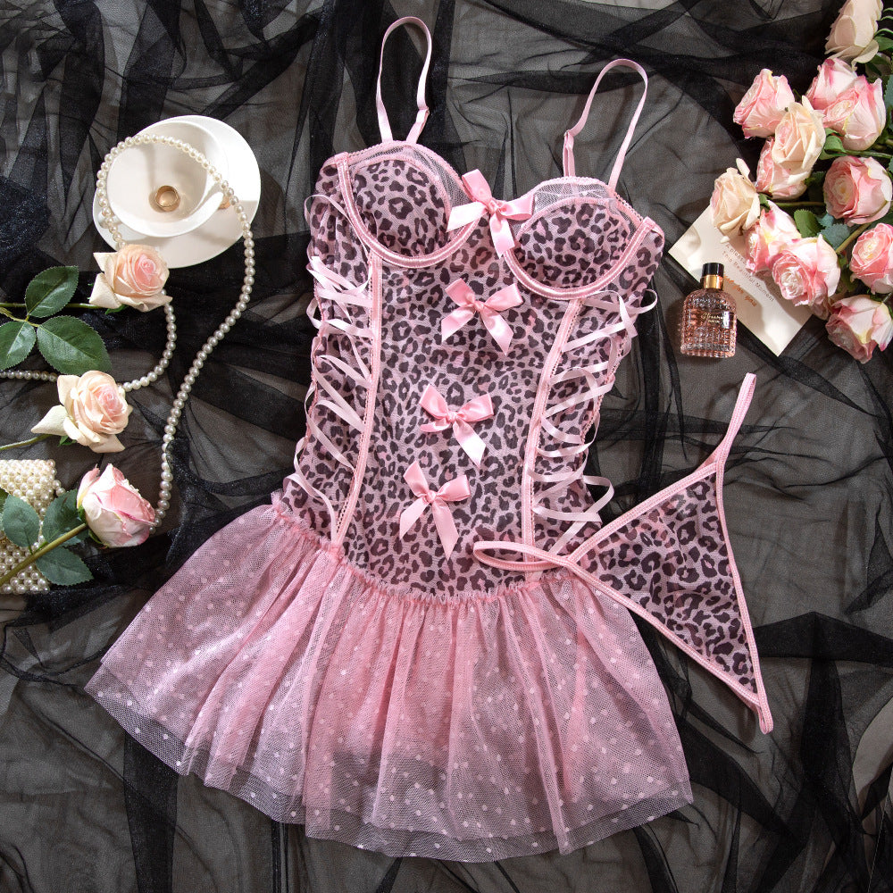 Leopard Print Lace Lace-up Dress Panties Set