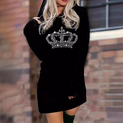 Dark Black Skull Hot Drilling Hooded Long Sleeve Dresses