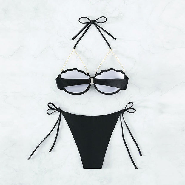 Sexy Bikini-Badeanzug mit Perlenkette und Stahlhalterung, geteilt und Dreipunkt