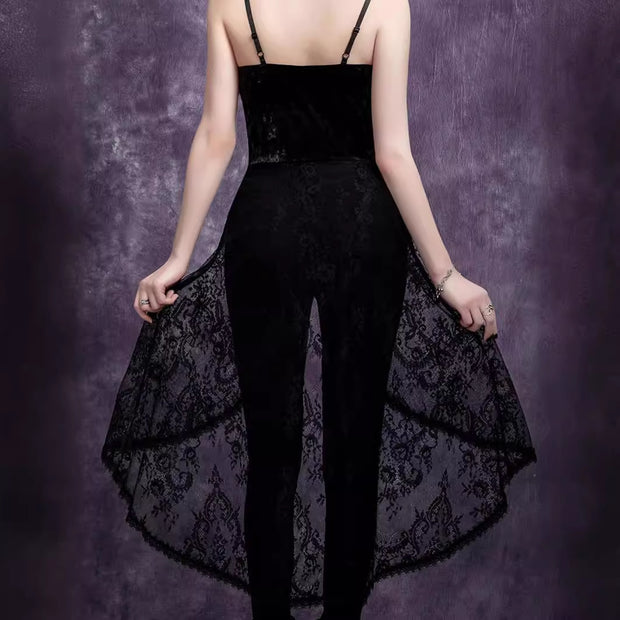 Dark Goth Style Lace Irregular Velvet Spaghetti Straps Top
