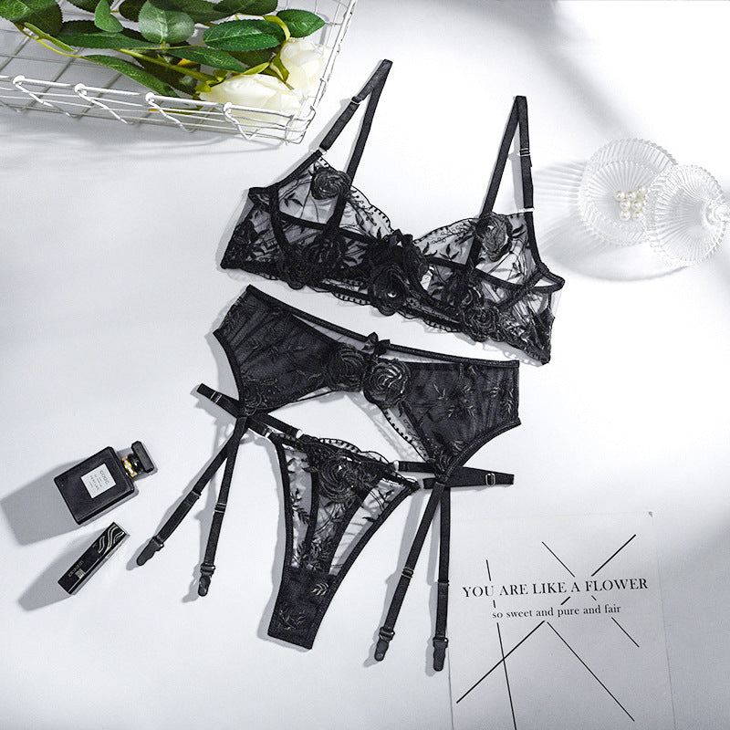 Lace Embroidery Eyelash with Steel Ring Push up Underwear Three-Piece Set