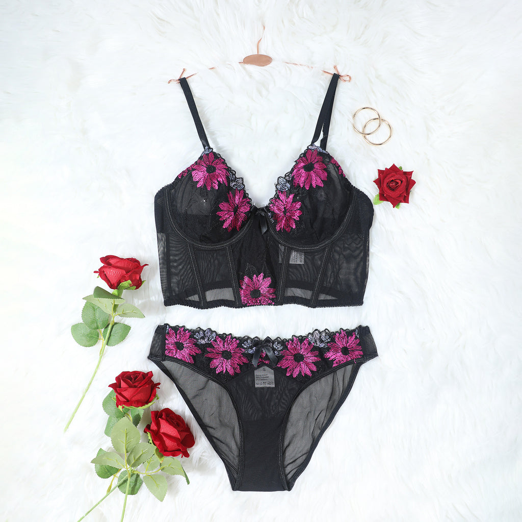Sexy Embroidered Lace Bra 2-Piece Set