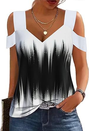 Black and White Printing Color Contrast off-the-Shoulder V-neck Loose-Fitting Casual T-shirt