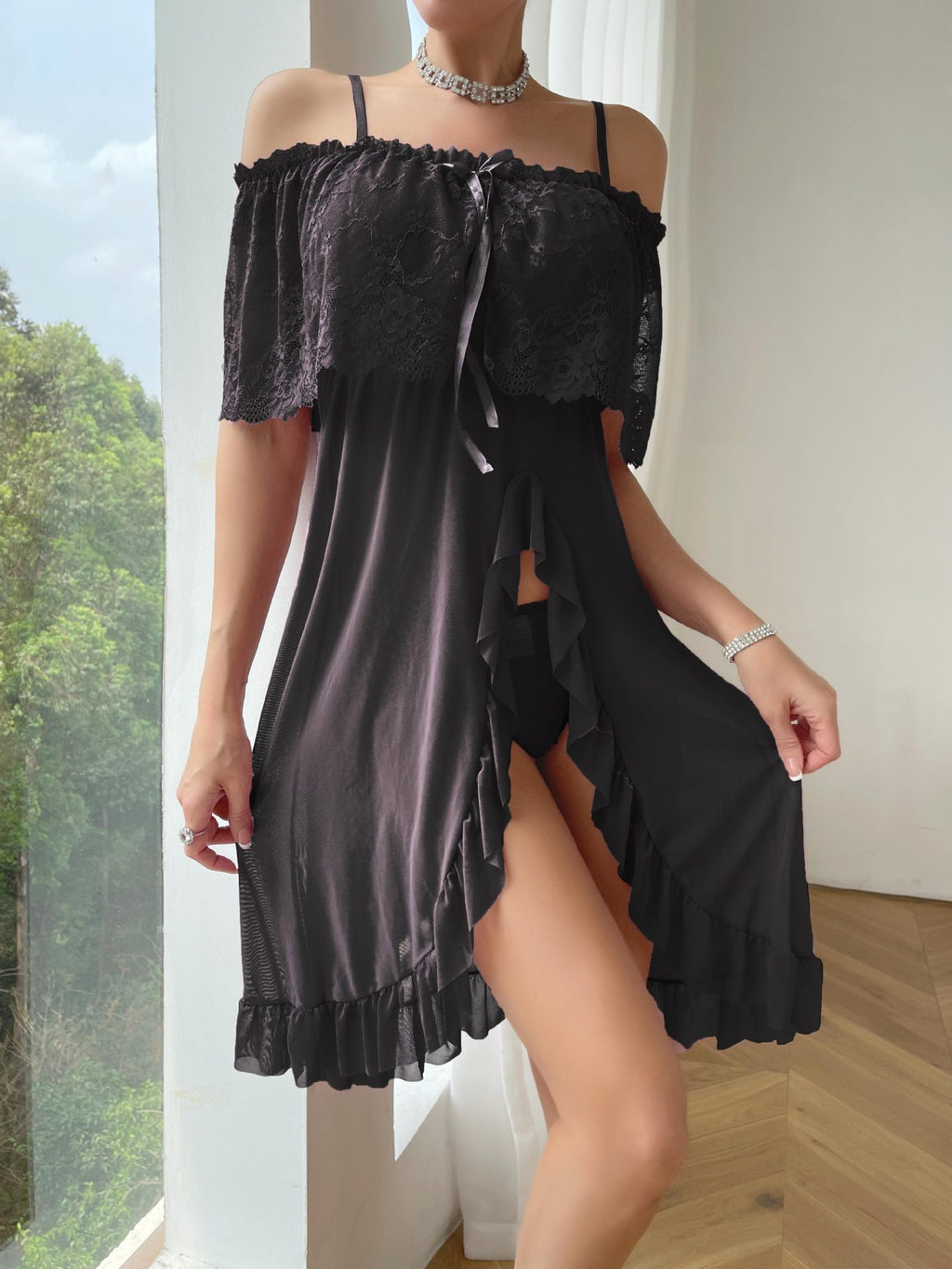 Plus Size Lace Bow Slim Nightdress2 Piece Set