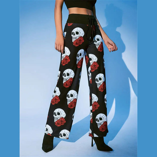 Gothic Women's Skull Flower Print High-Waisted Wide Leg Pants