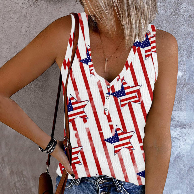 Independence Day Printed Casual V-neck Women's Sleeveless Vest