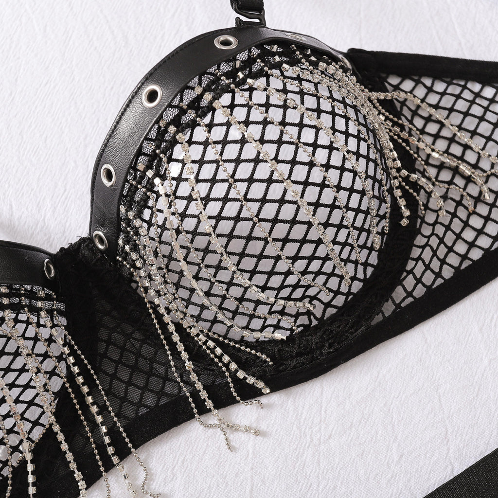 Sexy Fishnet Metal Chain Hollow-out Seductive Bra Two-Piece Set
