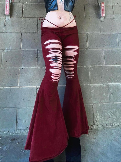 Sexy Lacing Hollow-out Ripped Flared Pants