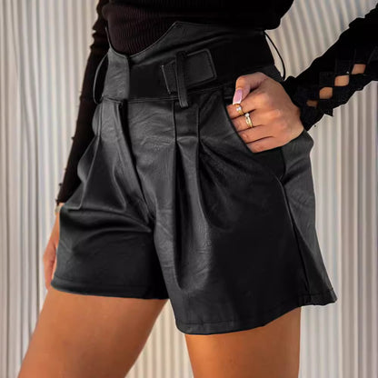 Chain Stitching High Waist Leather Shorts