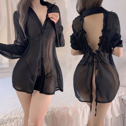 Sexy See-through Long Sleeves Pajamas Shirt Suit