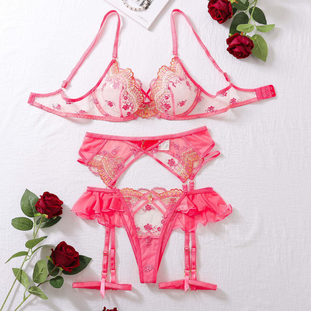 Sexy Flowers Embroidered Lace See-through Bra Four-Piece Set