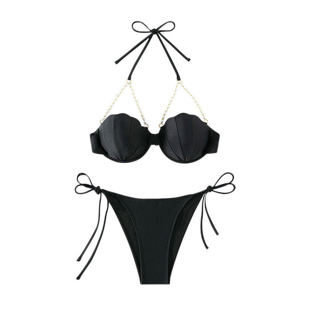 Sexy Pearl Chain Steel Bracket Split Three-Point Bikini Swimsuit