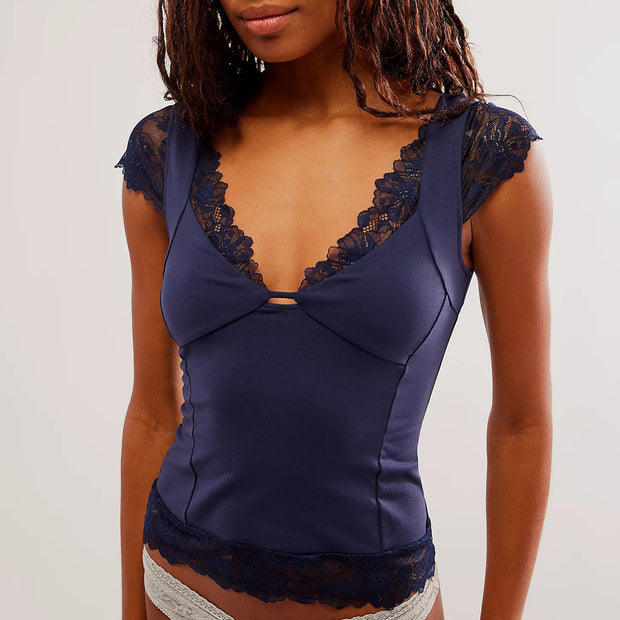 Lace Sexy Deep V-neck Slim-Fit Short-Sleeved Top