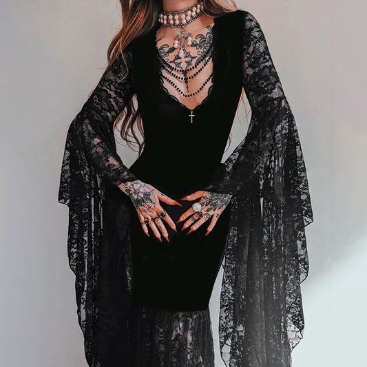 Halloween Sexy Lace V-neck Long Sleeve Dresses