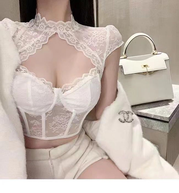 Sexy Lace Diamond Hollow Steel Ring Fishbone Slim-Fit Crop-Top