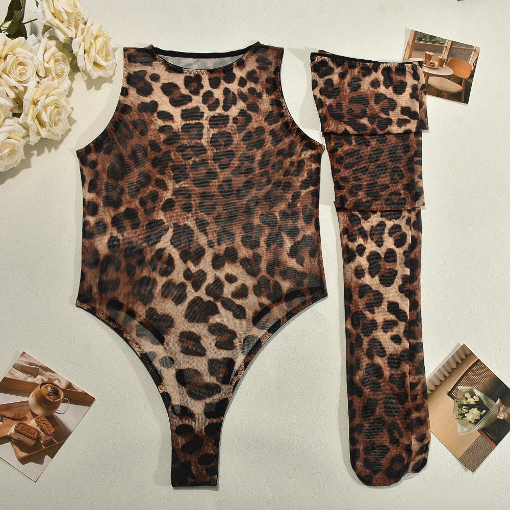 Sexy Leopard Print Mesh Sleeveless Jumpsuit Stockings Suit