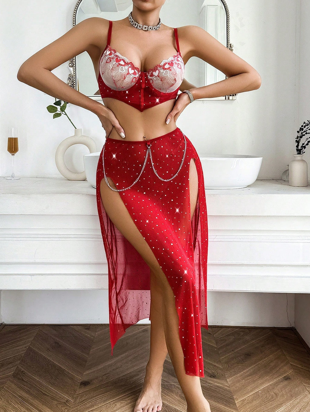 Sexy Embroidery Bra Split Three-Piece Suit