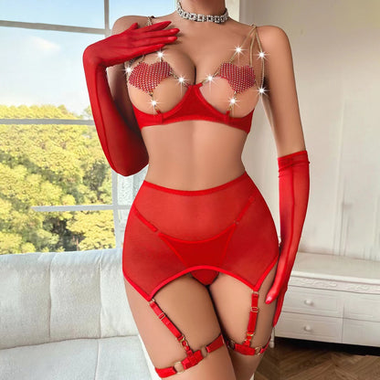 Sexy Love Metal Chain Stitching See-through Underwear Suit