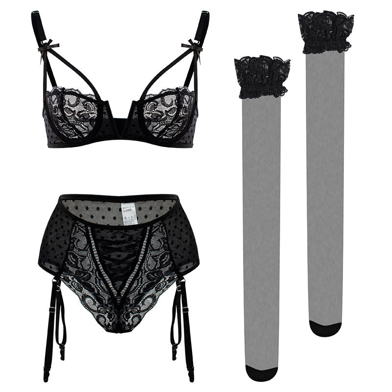 Lace Steel Ring Bra Strap Underwear Stockings Three-Piece Set