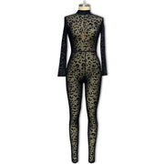 Sexy Flocking See-through Slim-Fit Long Sleeve Jumpsuit