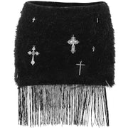 High Waist Cross Printed Tassel Fur Skirt
