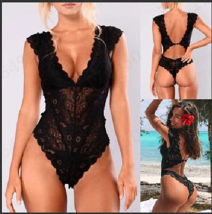 Sexy Siamese Mesh Lace Backless Slit Home Nightclub Hollow out See-through Underwear