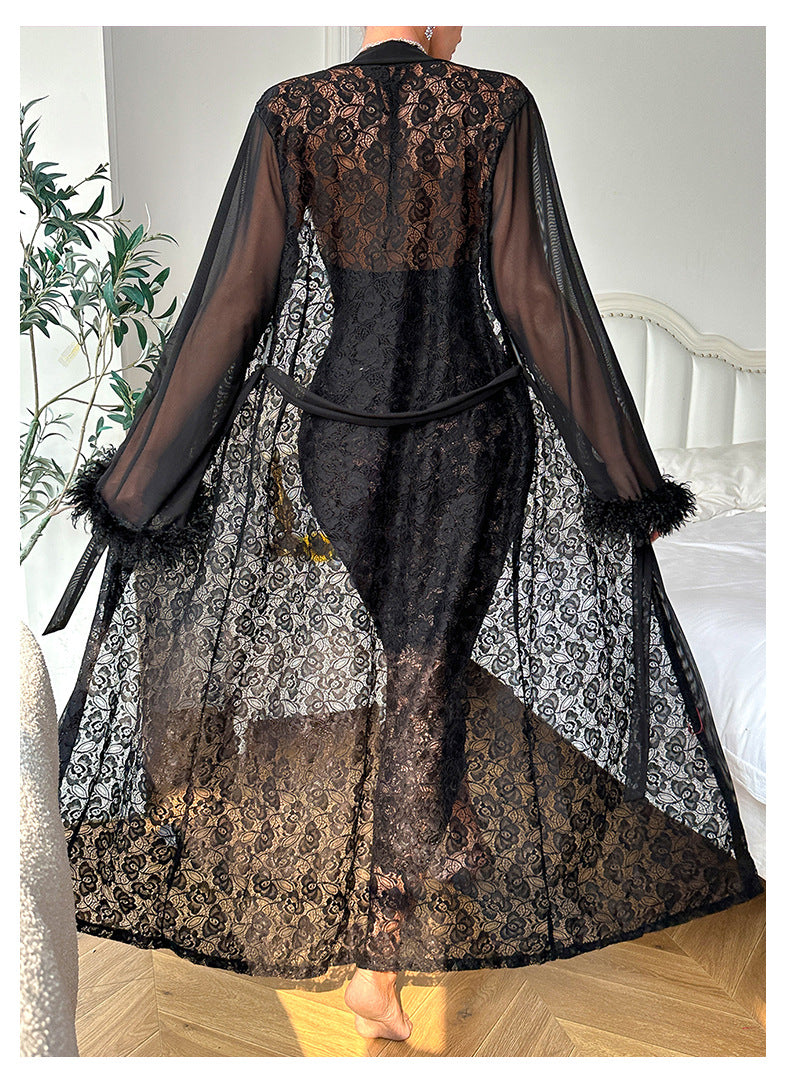 Sexy Black Lace Halter Nightdress Nightgown Suit